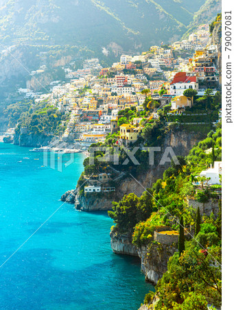 Morning view of Positano cityscape on coast line of mediterranean sea, Italy 79007081