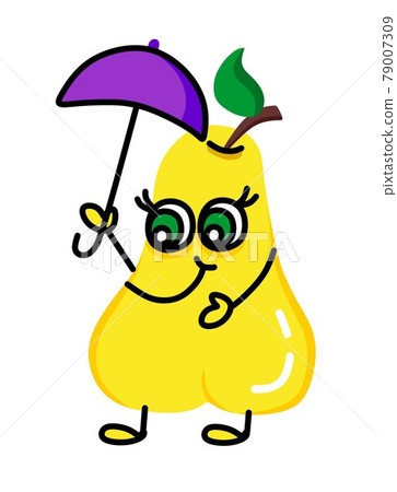 Cartoon cute kind yellow illustration of a pear with beautiful eyes is standing under an umbrella. For a set of stickers, childrens events, recreation, leisure. 79007309