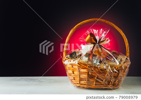 gift basket on purple background gift basket on purple background 79008979
