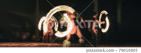 Luau party polynesian fire dancers throwing fire torches at night on beach resort. Hawaiian cultural activity, polynesia culture banner Luau party polynesian fire dancers throwing fire torches at night on beach resort. Hawaiian cultural activity, polynesia culture banner 79010805