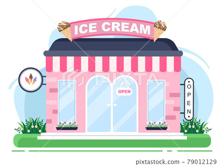 Ice Cream Shop Illustration With Open Board, Tree, And Building Store Exterior. Flat Design Concept 79012129