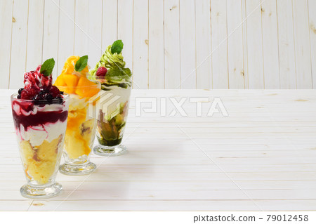 Strawberry parfait, matcha parfait, mango parfait cute sweets 79012458