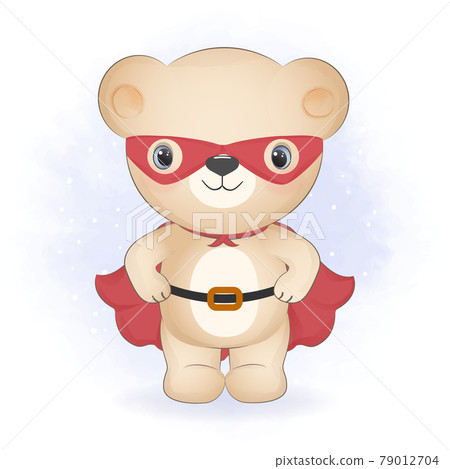 Superhero little bear hand drawn animal cartoon illustration watercolor background 79012704