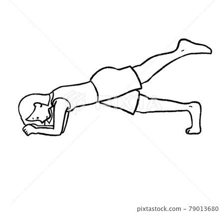Line drawing illustration of core training, raising one leg of the front bridge 79013680