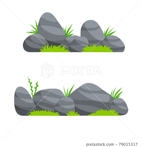 Set of stones. Scenery of nature, forests and mountains. Pile of rubble. Flat cartoon illustration. Decorative element. Grass and green plants 79015317