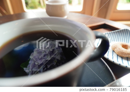Hydrangea reflected in coffee by reflection using a smartphone (Kotohira Tea Shop) [Kotohira Town, Nakatado District, Kagawa Prefecture] 79016185