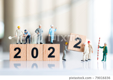 Miniature people : Worker team create wooden block number 2022 Miniature people : Worker team create wooden block number 2022 79016836