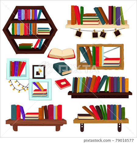 Books and textbooks on shelves, home furniture 79018577