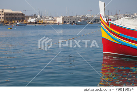 Colorful bow of an old wooden boat, Malta 79019054