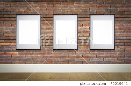 Mock up poster frame in interior wall. White frame for poster or photo image on brick loft wall in home room or office interior 79019641