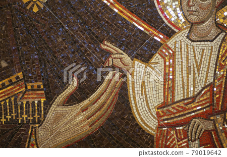 Christian Orthodox Greek icon with saints in the form of ceramic mosaics on the facade of the Orthodox church. Traditional christian greek decor and fresco. Christian Orthodox Greek icon with saints in the form of ceramic mosaics on the facade of the Orthodox church. Traditional christian greek decor and fresco. 79019642