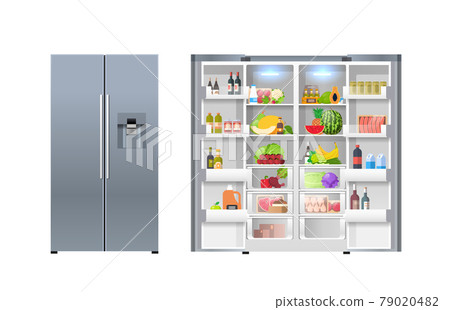 open and closed refrigerator fridge full of fresh food horizontal isolated open and closed refrigerator fridge full of fresh food horizontal isolated 79020482