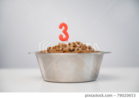 Dog food bowl with dry food and three-shaped candle. 79020653