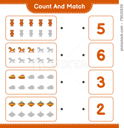 Count and match, count the number of Teddy Bear, Rocking Horse, Boat, Whirligig Toy and match with the right numbers. Educational children game, printable worksheet, vector illustration 79020830
