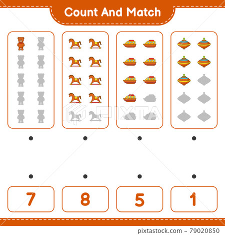Count and match, count the number of Teddy Bear, Rocking Horse, Boat, Whirligig Toy and match with the right numbers. Educational children game, printable worksheet, vector illustration 79020850