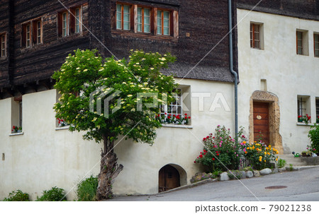 Beautiful facade of a historic farmhouse in Valais, Switzerland Beautiful facade of a historic farmhouse in Valais, Switzerland 79021238