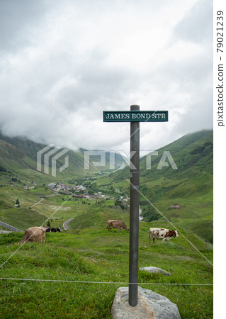 View from Furka pass street with James Bond Street sign into the Reuss valley View from Furka pass street with James Bond Street sign into the Reuss valley 79021239
