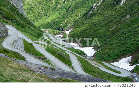 Serpentines of historic tremola at Gotthard pass, Switzerland Serpentines of historic tremola at Gotthard pass, Switzerland 79021246
