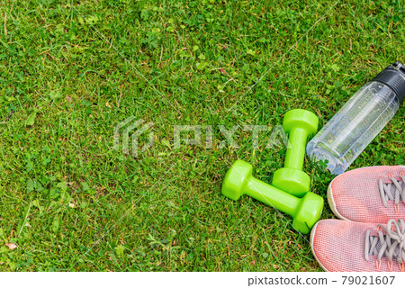 Ladie's dumbbles and sneakers on the green grass background Ladie's dumbbles and sneakers on the green grass background 79021607