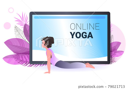 woman doing yoga fitness exercises online training healthy lifestyle concept girl working out 79021713