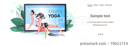 family doing yoga fitness exercises online training healthy lifestyle concept people working out 79021714