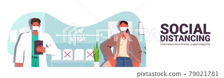 doctor discussing with patient keeping distance to prevent coronavirus social distancing concept 79021781
