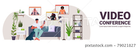 man chatting with mix race colleagues during video call people having online conference meeting self isolation man chatting with mix race colleagues during video call people having online conference meeting self isolation 79021827