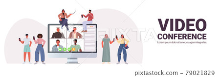 mix race people chatting during video call with friends in monitor screen online conference meeting mix race people chatting during video call with friends in monitor screen online conference meeting 79021829