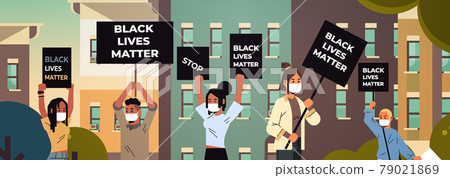 mix race protesters with black lives matter banners protesting against racial discrimination social problems of racism 79021869