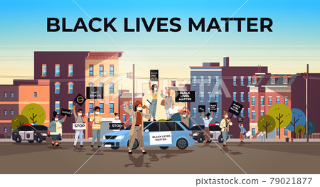 protesters crowd with black lives matter banners campaign against racial discrimination in police 79021877