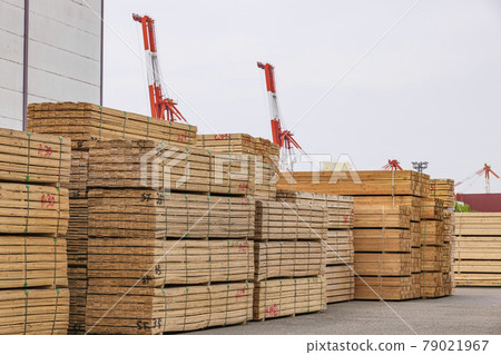 Building timber piled up in the material storage area of the port 79021967