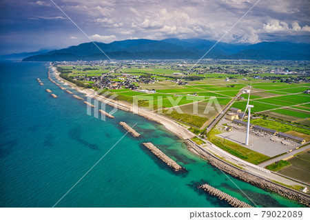 Nyuzen Town, Toyama Prefecture, during the rainy season near summer Wind power generation facility and Toyama Bay 79022089