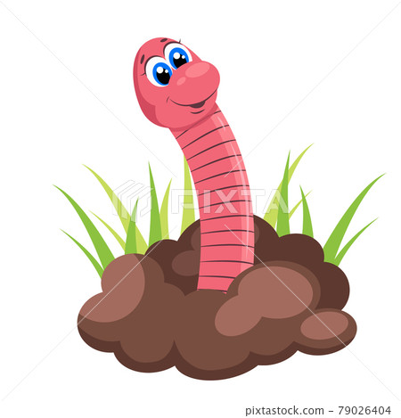 Earth worm coming out of the ground. Green grass. Flat farming and agriculture cartoon illustration. Insects in soil 79026404