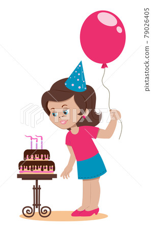 The birthday girl at the party blows out the candles on the cake. Cartoon character illustration isolated on a white background. Vector illustration. 79026405