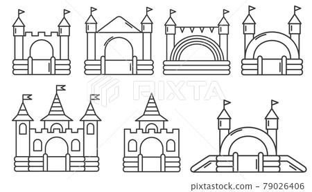 Set of bouncy inflatable castle. Tower and equipment for child playground. Vector outline illustration isolated on white background. 79026406