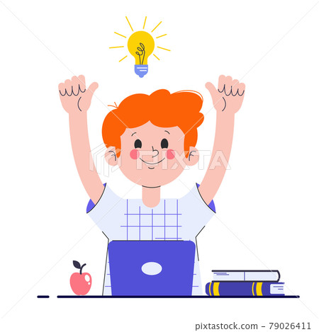 Happy boy with his laptop having a good idea. Elementary school pupil. A schoolboy found a solution to an assignment. Flat vector illustration isolated on white background. 79026411