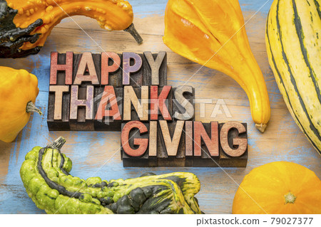 Happy Thanksgiving in wood type Happy Thanksgiving in wood type 79027377