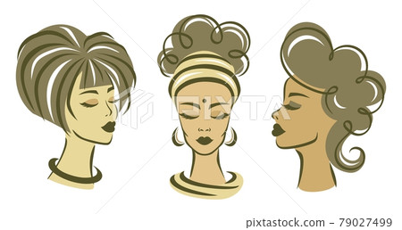 Three beautiful women of different nationalities. Cute Chinese, Indian and African face with closed eyes. Beige, yellow, brown, gray calm colors. Sketch, flat style, black stroke. Vector illustration. 79027499