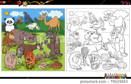 cartoon wild animals characters group coloring book page 79029883