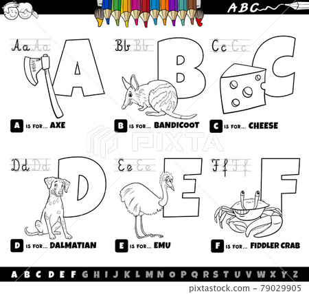 cartoon alphabet letters set from A to F coloring book page 79029905