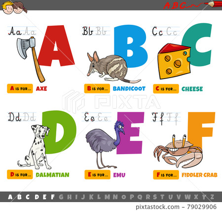 educational cartoon alphabet letters for kids from A to F educational cartoon alphabet letters for kids from A to F 79029906