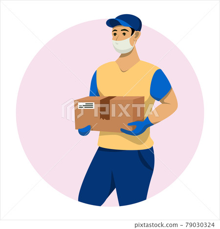 delivery man in mask and glowes with box in hands. Courier with order. Vector illustration delivery man in mask and glowes with box in hands. Courier with order. Vector illustration 79030324