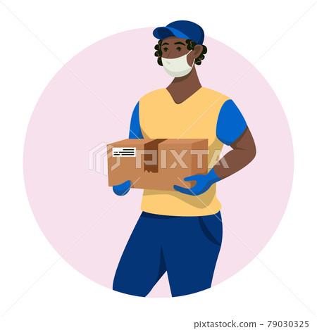 african american man with box. delivery man with order. Flat style. Vector illustration african american man with box. delivery man with order. Flat style. Vector illustration 79030325