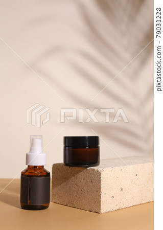 Amber glass dispenser bottle, sprayer and moisturizer cream jar. Natural cosmetic products packaging design template, branding 79031228