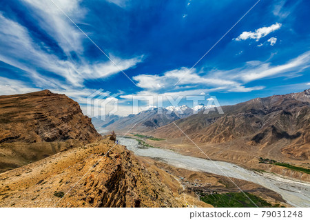 View of Spiti valley and Spiti river in Himalayas. 79031248
