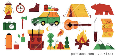 Camp. Adventure tourism and hiking cartoon elements. Tools for camping. Automobile or map. Outdoor recreation in mountains. Backpack and campfire or guitar. Vector tourist equipment set Camp. Adventure tourism and hiking cartoon elements. Tools for camping. Automobile or map. Outdoor recreation in mountains. Backpack and campfire or guitar. Vector tourist equipment set 79031383