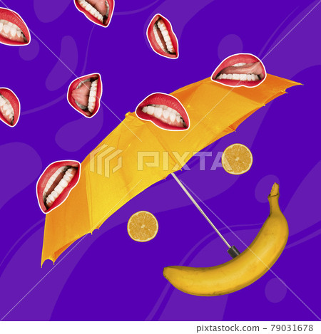 Modern design, contemporary art collage. Inspiration, idea, trendy urban magazine style. Composition with female lips mouthes and umbrella on purple background. Modern design, contemporary art collage. Inspiration, idea, trendy urban magazine style. Composition with female lips mouthes and umbrella on purple background. 79031678