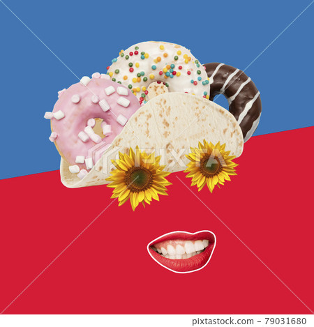 Modern design, contemporary art collage. Inspiration, idea, trendy urban magazine style. Composition with donuts and taco on red blue background. 79031680