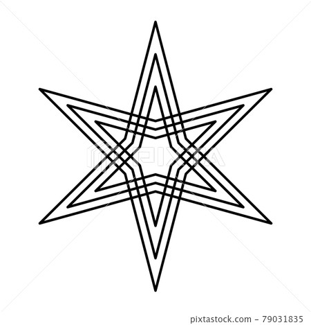 Six-pointed star with offset lines. Two three-pointed stars, each with three lines, placed symmetric on top of each other. Hexagram. Isolated black and white illustration, on white background. Vector. 79031835