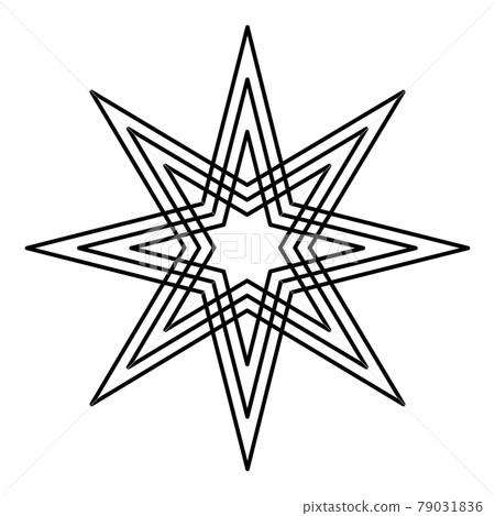 Eight-pointed star with offset lines. Two four-pointed stars, each with three lines, placed symmetric on top of each other. Octagram. Isolated black and white illustration on white background. Vector. 79031836